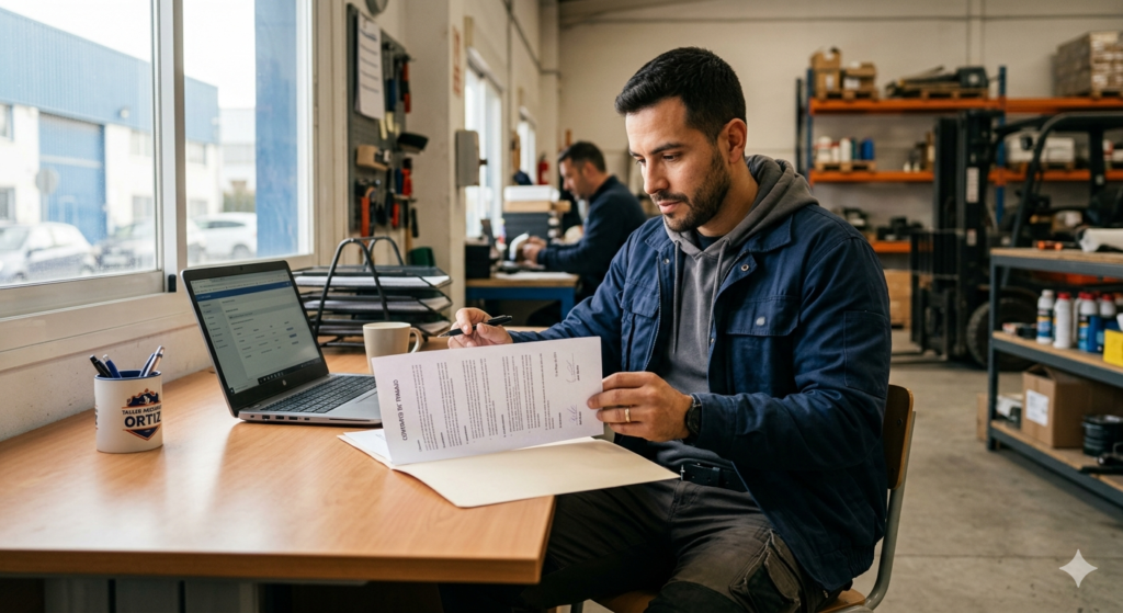 Trabajador fijo-discontinuo revisando su contrato y derechos laborales