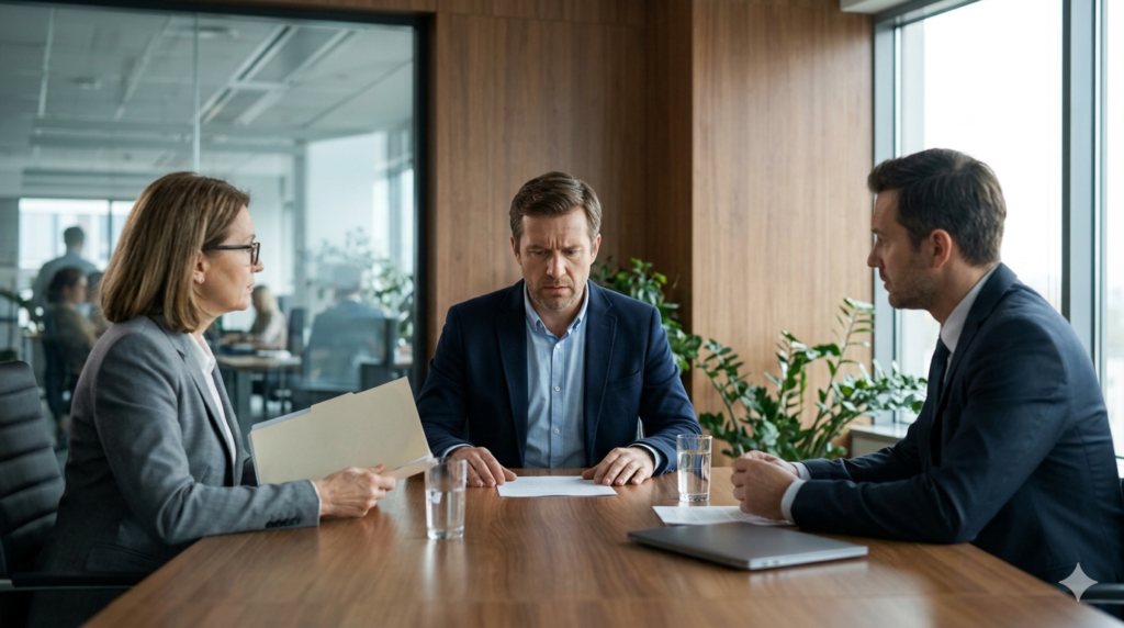 Trabajador recibiendo notificación de ERE o despido objetivo en reunión con RRHH