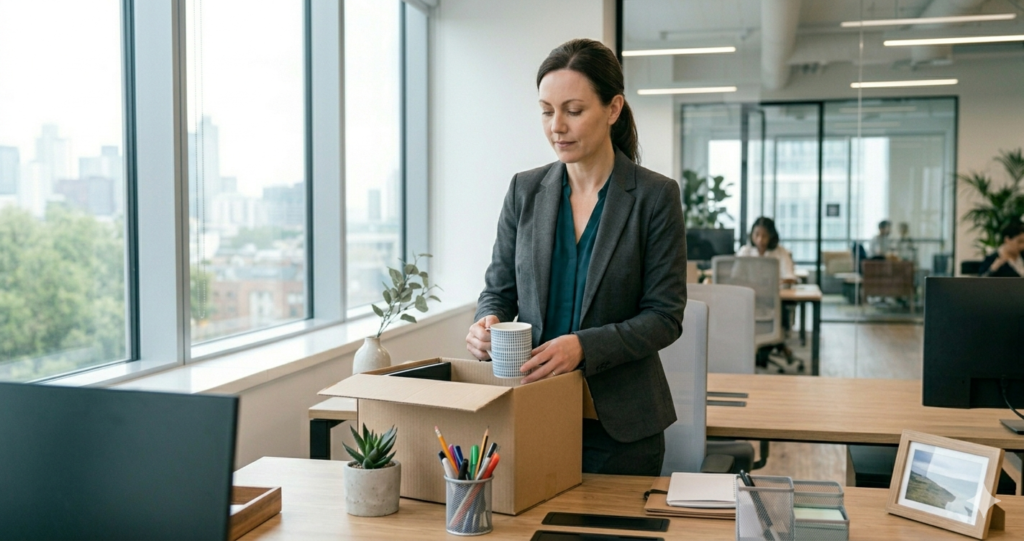 Mujer recogiendo sus cosas de la oficina al terminar su contrato temporal
