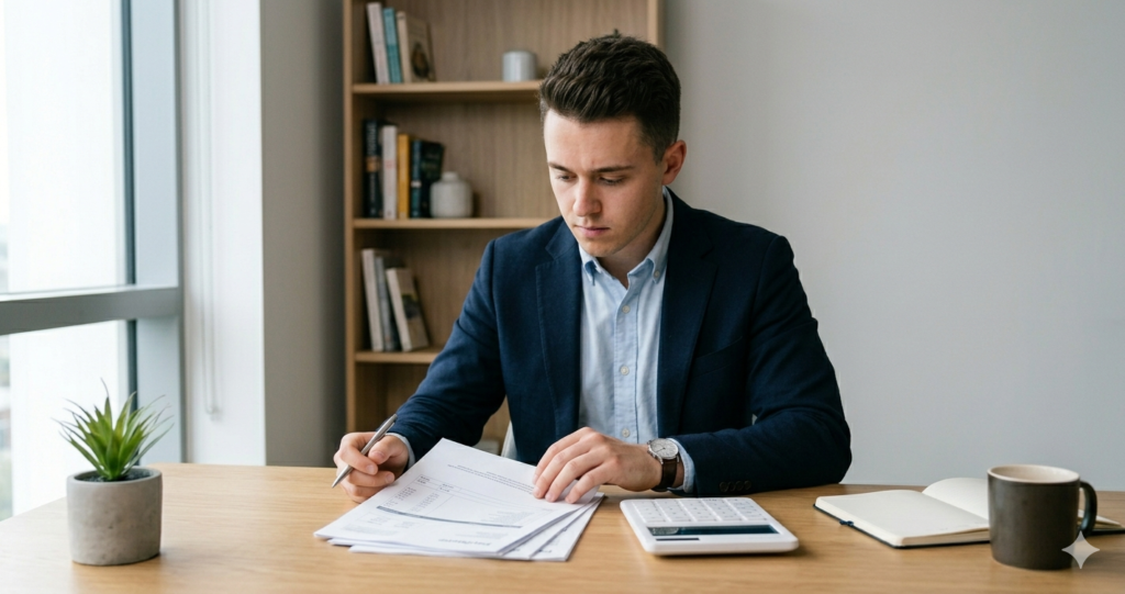 Trabajador revisando el finiquito de su contrato temporal con documentos y calculadora