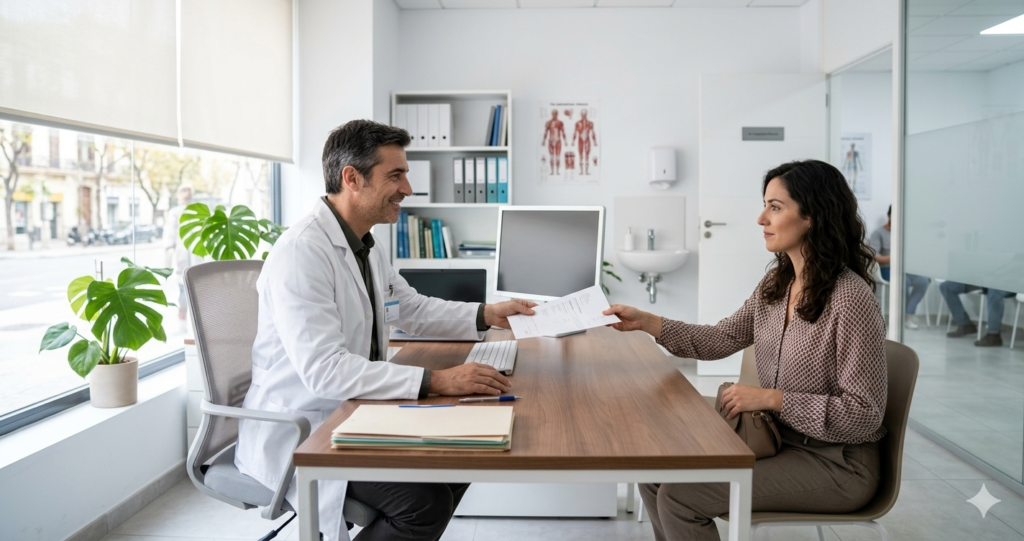 medico-entregando-parte-baja-medica.jpg Médico entregando parte de baja médica a paciente en consulta