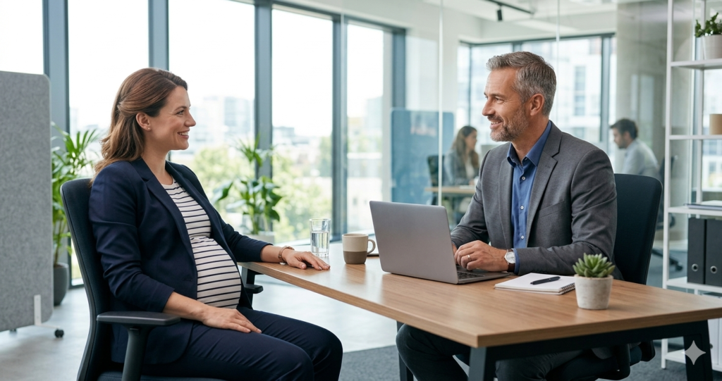 mujer-embarazada-oficina-baja-maternidad.jpg Mujer embarazada hablando con su responsable sobre la baja de maternidad
