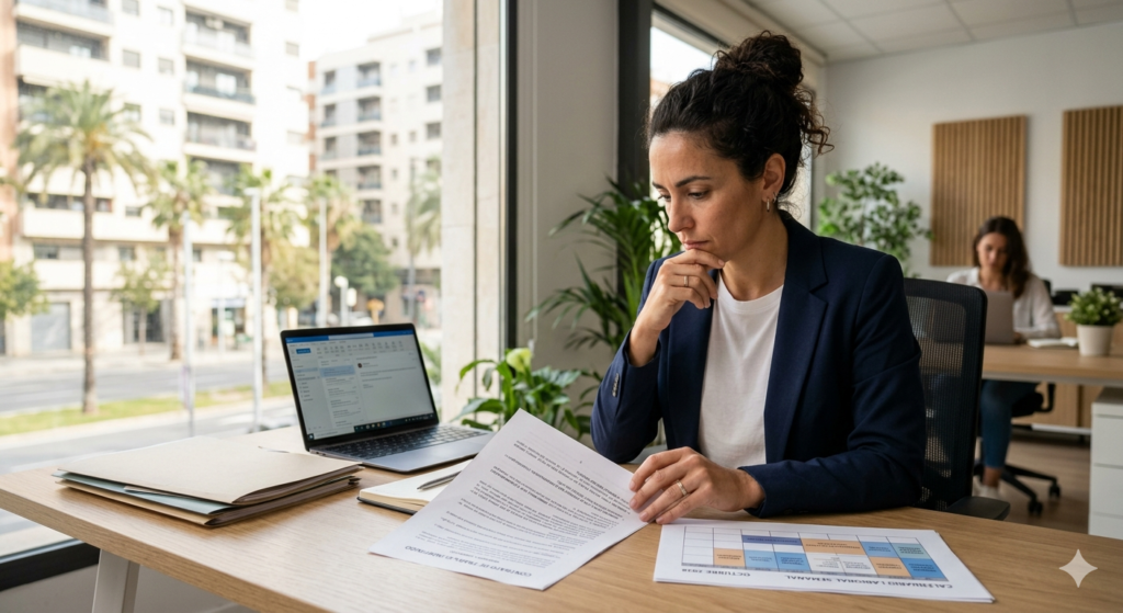 Trabajadora revisando su contrato laboral y jornada semanal en una oficina