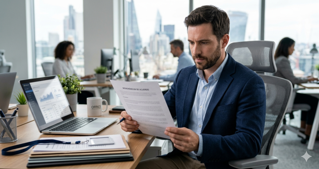 Trabajador leyendo carta de despido en su oficina