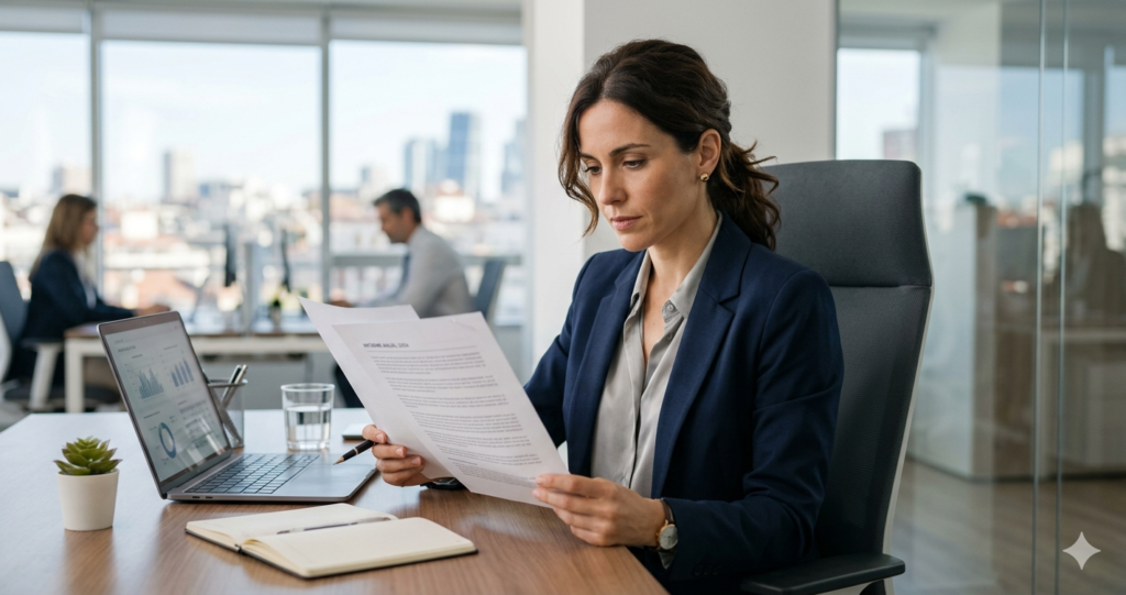 Trabajadora leyendo la notificación de modificación sustancial de condiciones de trabajo