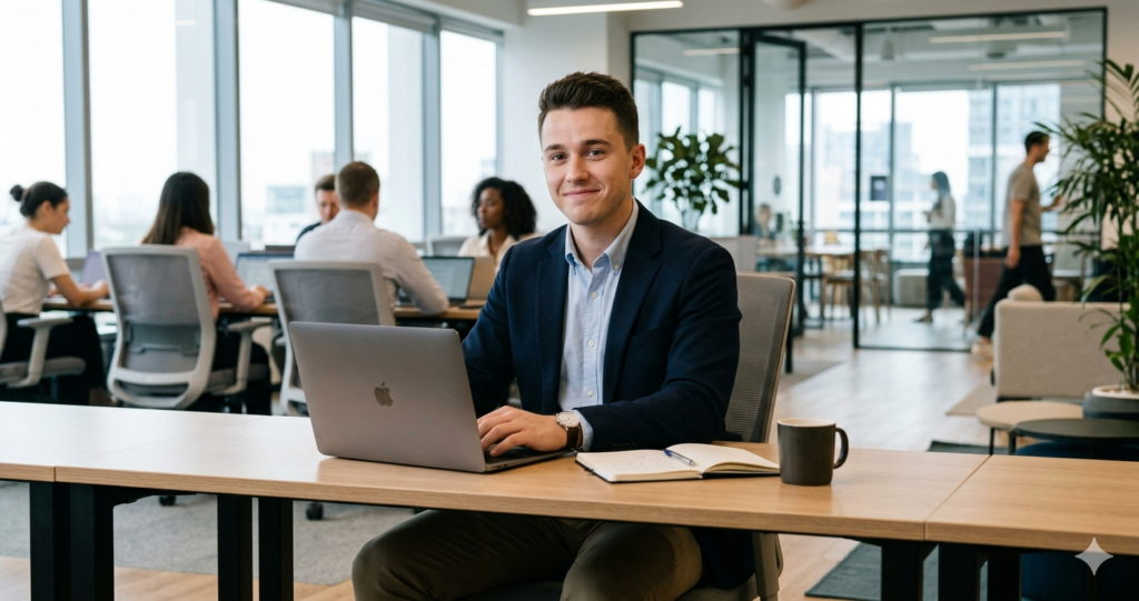 Trabajador joven en su primer día de trabajo durante el período de prueba
