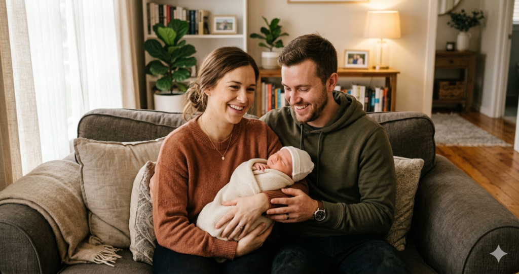 areja con bebé recién nacido durante el permiso por nacimiento en España