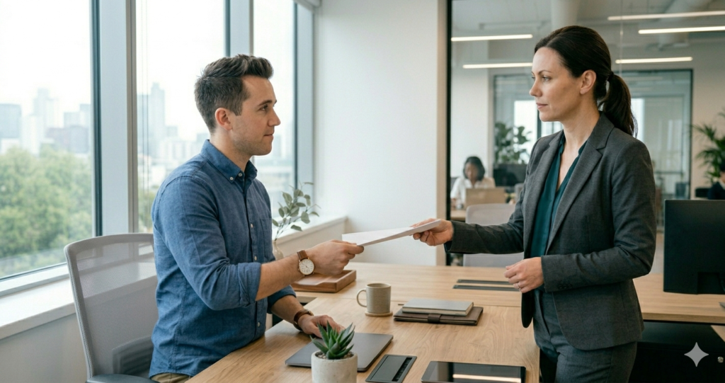 Trabajadora entregando la solicitud de excedencia voluntaria a su responsable