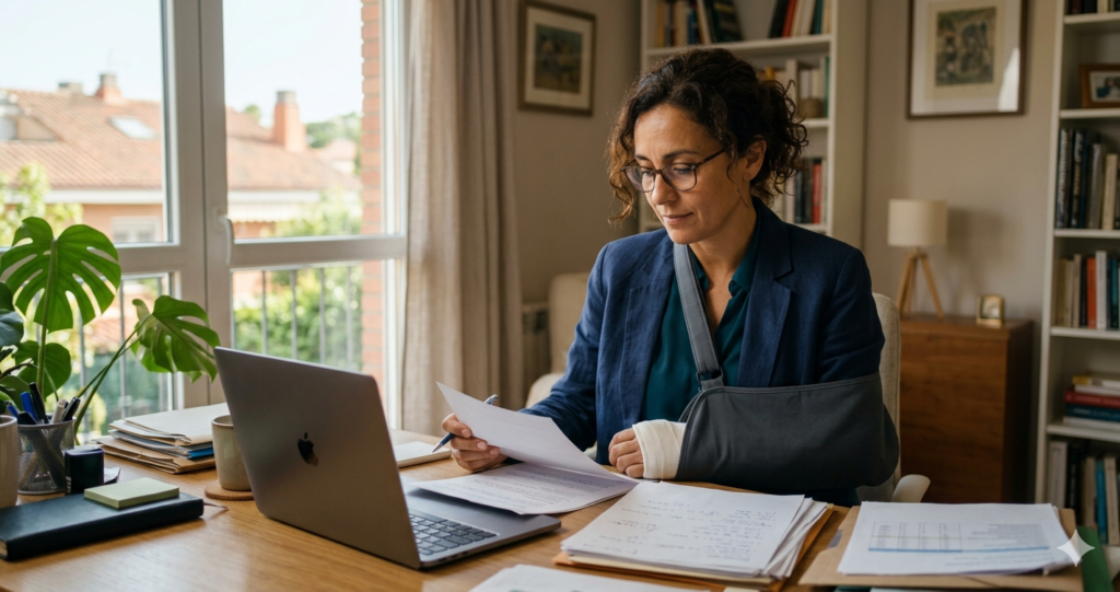 Mujer trabajadora con brazo en cabestrillo revisando documentos de baja médica