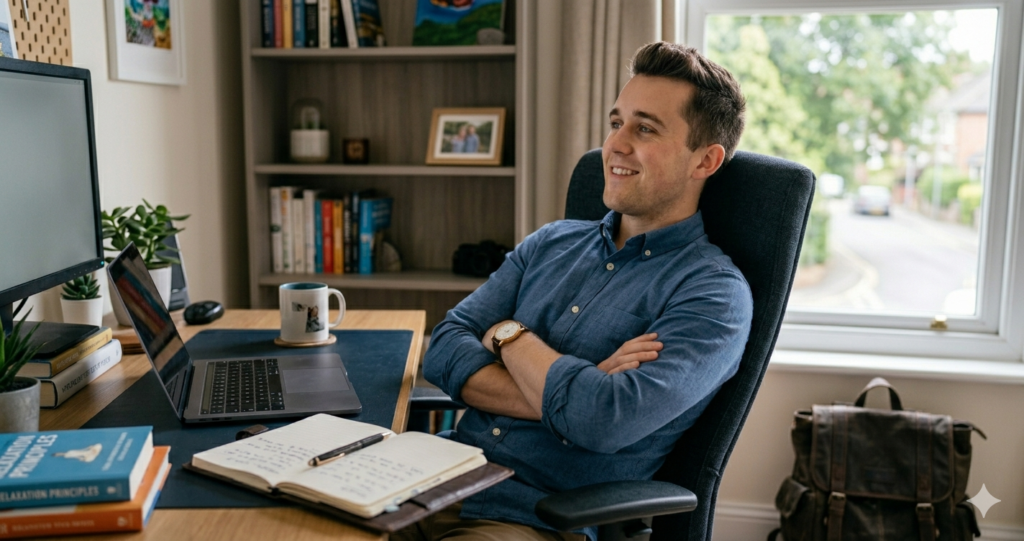 Trabajador relajado en casa durante su excedencia voluntaria