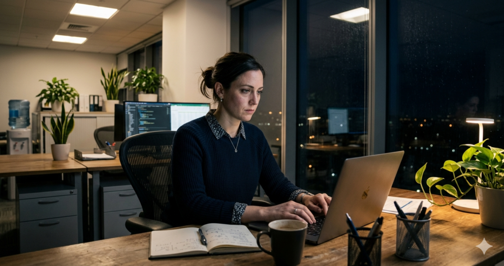 Mujer trabajando horas extraordinarias hasta tarde en la oficina