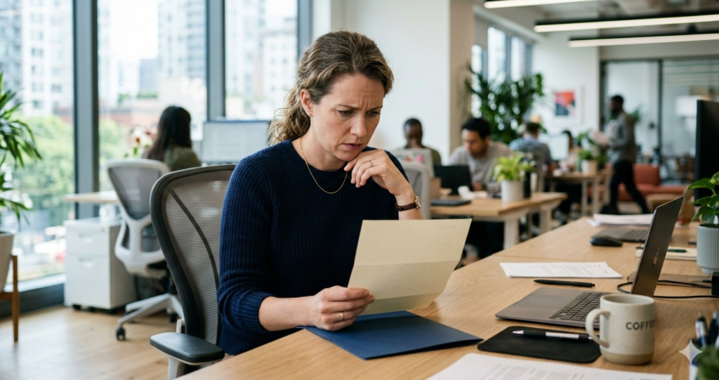 Trabajadora recibiendo notificación de ERTE en España
