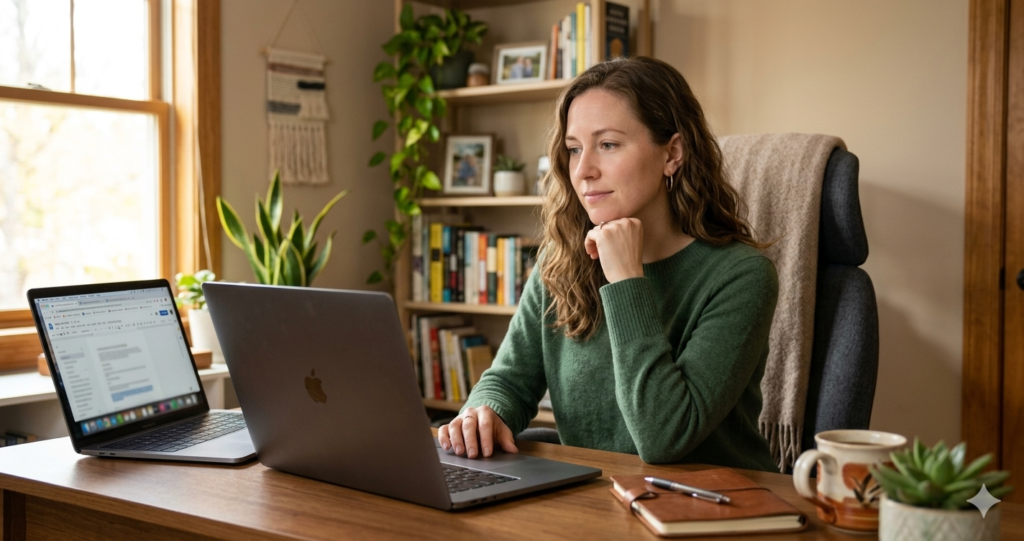 Mujer trabajadora en casa con ordenador durante un ERTE
