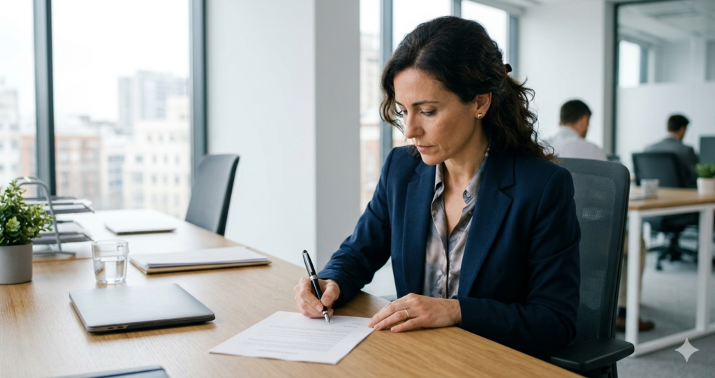 Mujer firmando carta de despido con expresión seria