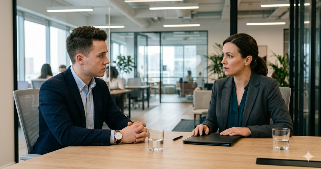 reunion-recursos-humanos-evaluacion-periodo-prueba.jpg Responsable de recursos humanos y trabajador en reunión de evaluación durante el período de prueba