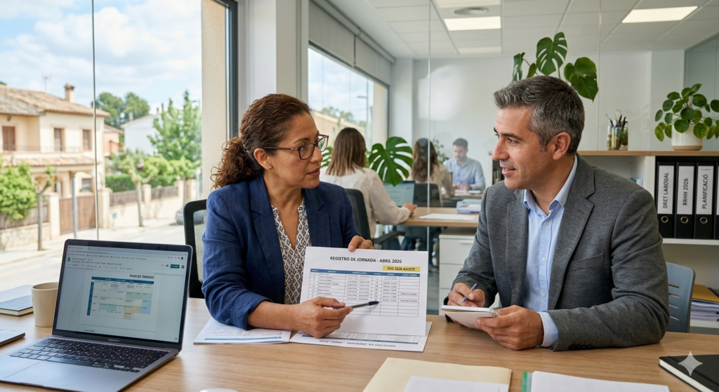 Trabajadora reclamando sus horas de trabajo a la empresa